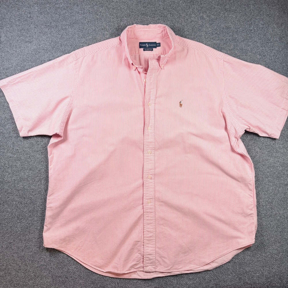 Ralph Lauren Button Down Shirt XXL Pink Pinstripe Short Sleeve Classic Fit